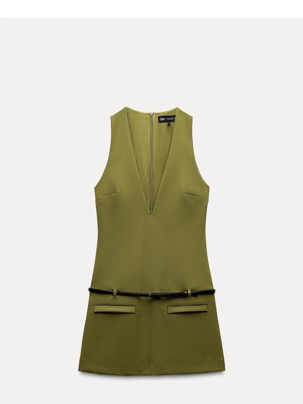 Zara Olive Green V-Neck Sleeveless Mini Dress with Belt